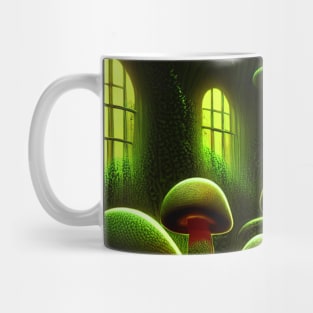 Magical Building Cottage Mushroom House with Lights in Forest with High Trees, Scenery Nature Mug